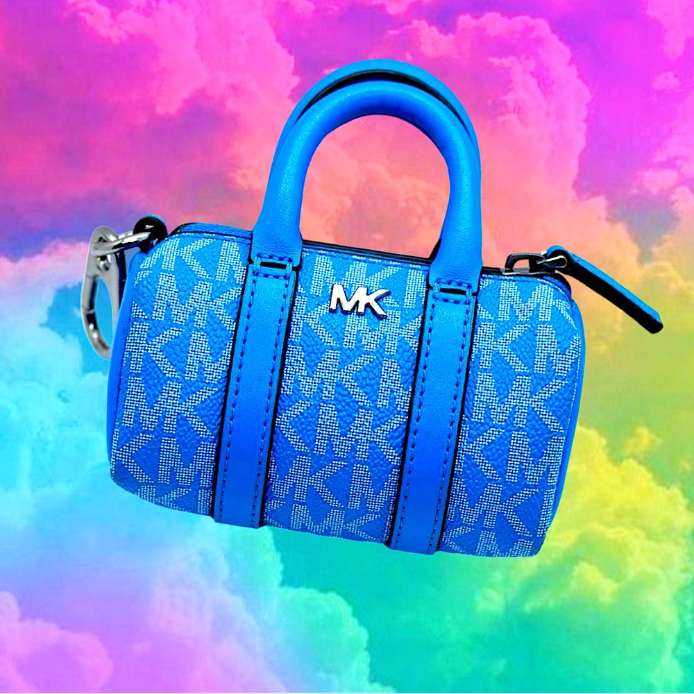 ❤️🆕Michael KORS Blue leather Micro monogram Duffel Barrel Bag/Purse Keychain